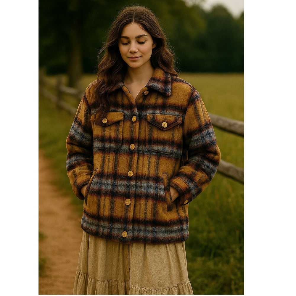 Cottage Farmcore‎ Ranch Western Tan Blue Plaid Flannel M Shacket Jacket Pockets